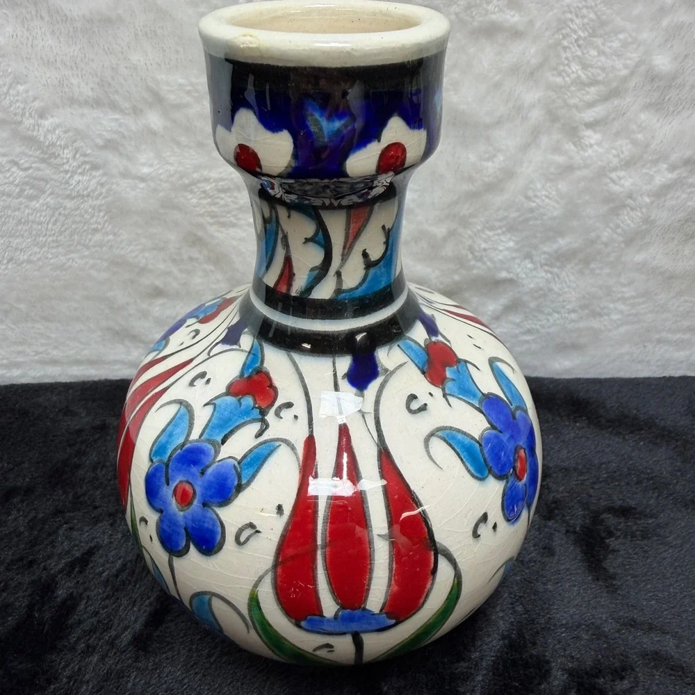 2 Hand Painted Turkish Iznik Style Ceramic Bud Vases Set Floral Red Blue‎ Yellow
